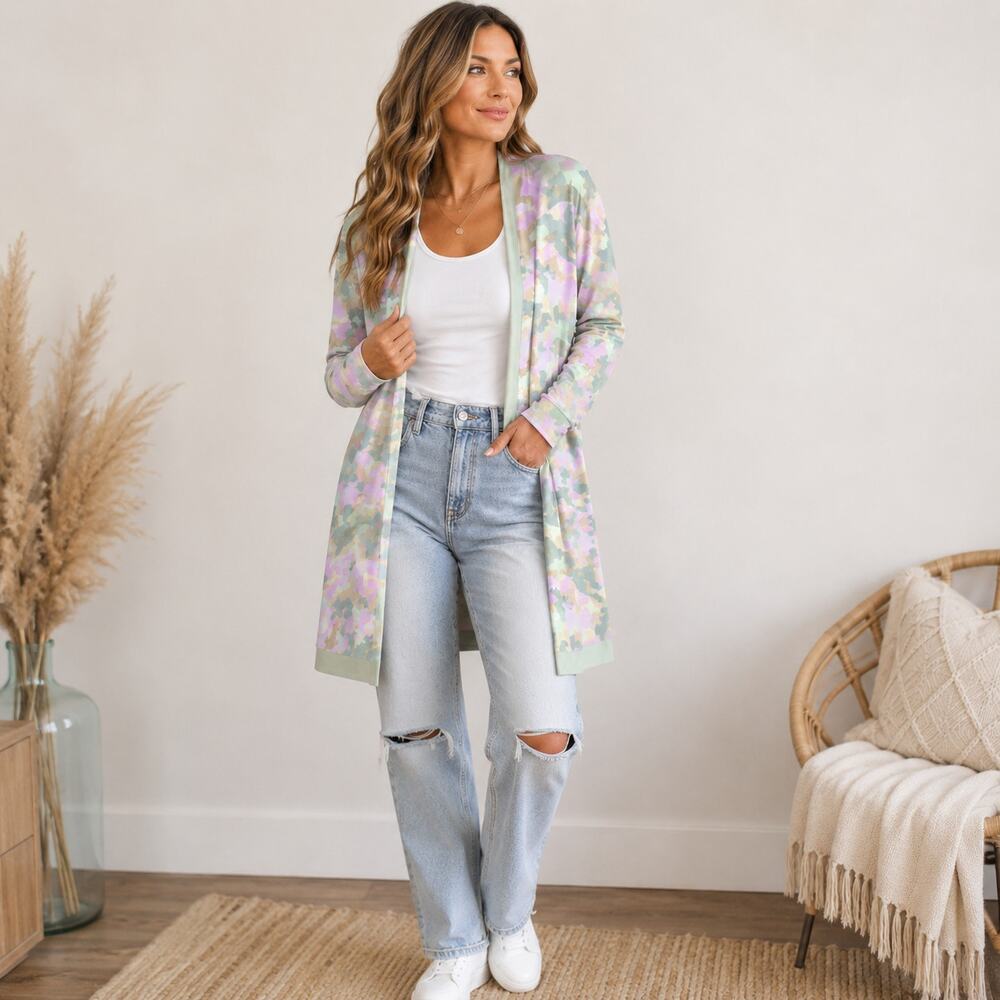 Women’s Pastel Camo Open Front Longline Cardigan Size Approx L